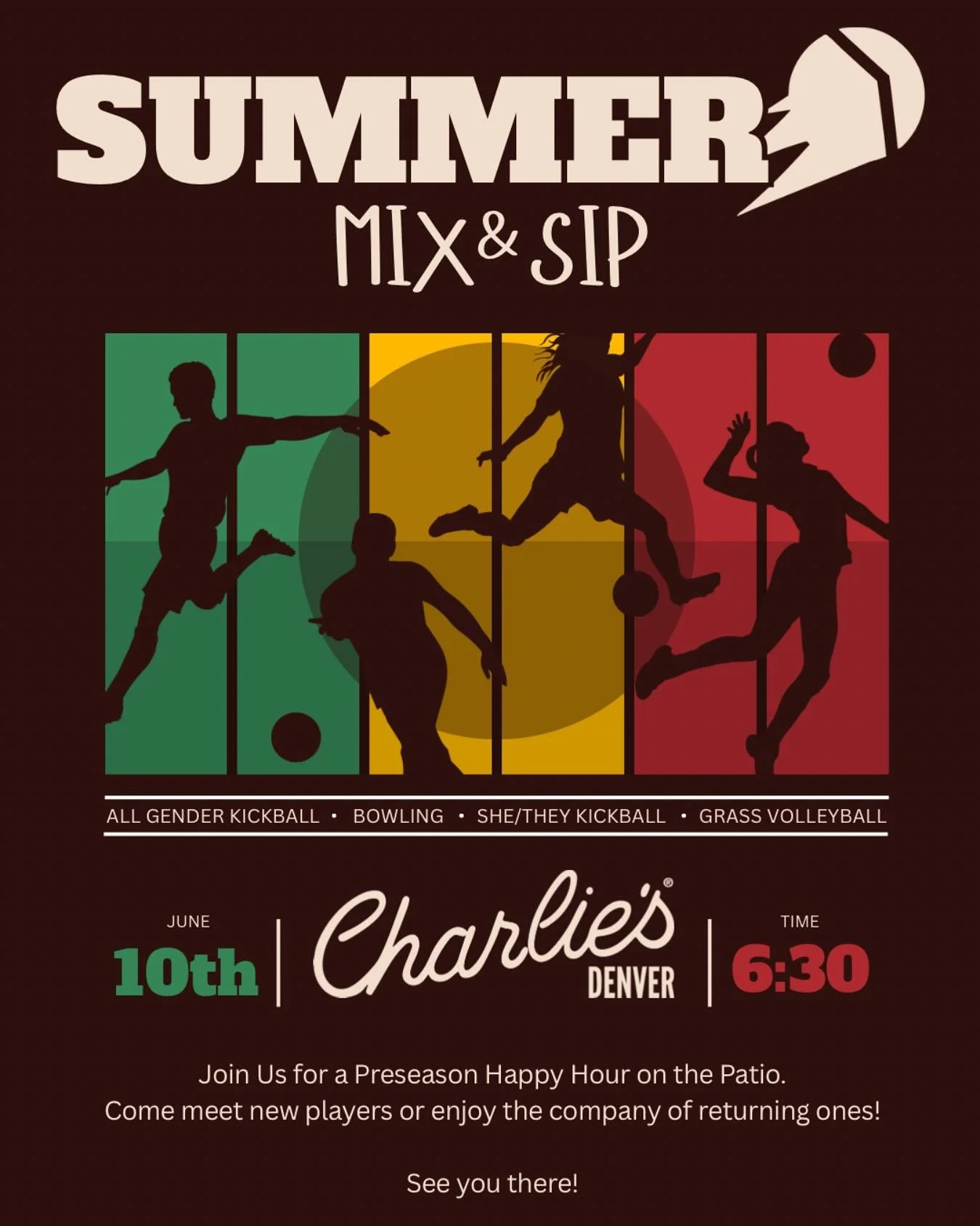 Join us for a summer preseason mix and sip at Charlie's patio! Mingle with fellow players, meet our managers and get acquainted with the OutLoud Sports Denver community. We're excited to start the leagues! Summer 2025 is going to be awesome! 😎 ☀️ 🌈