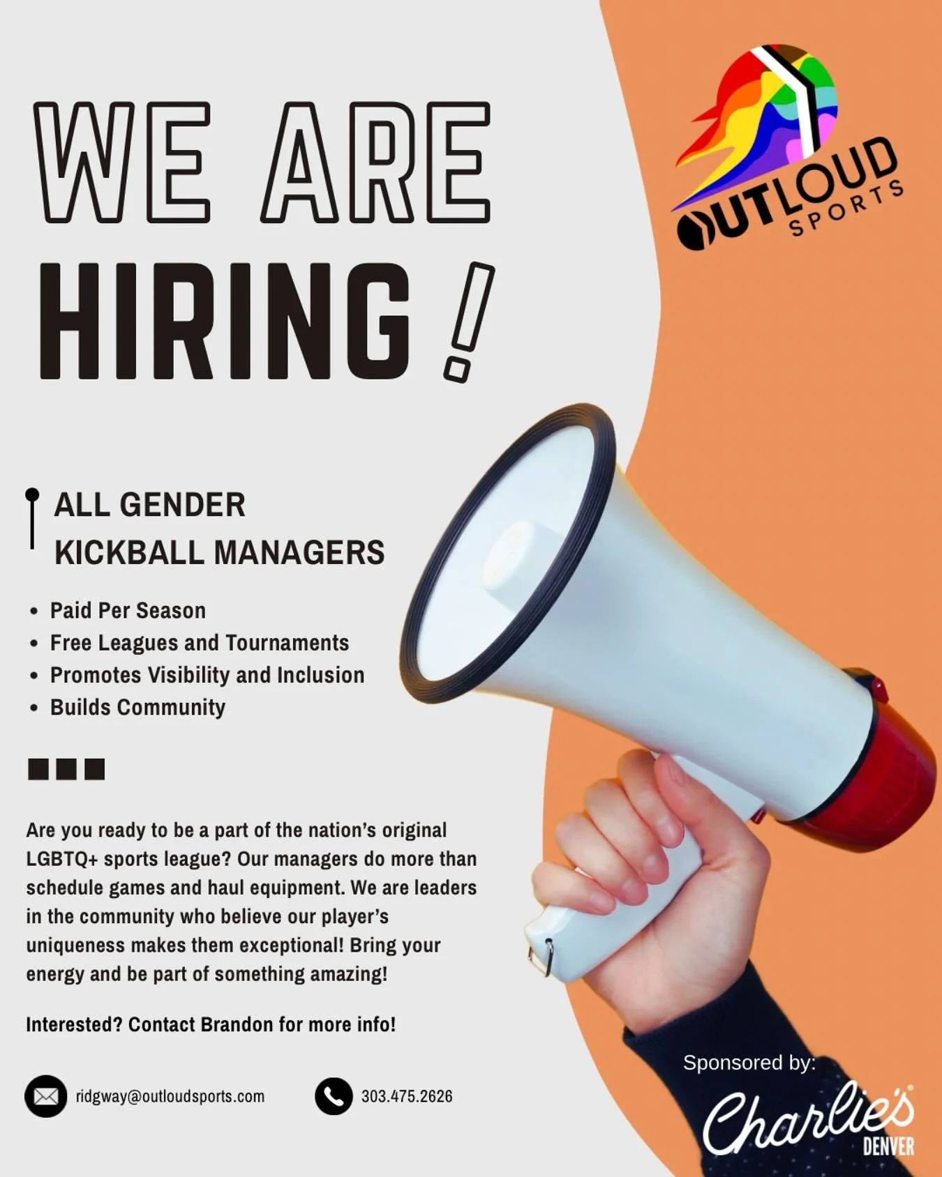 🚨 Hey Denver, we&rsquo;re hiring! 🚨

OutLoud Sports Denver is looking for passionate &amp; committed Kickball Managers to join our vibrant All Gender Kickball team! 🌈🔴 Whether you&rsquo;re a seasoned player or new to the game, this is your chance