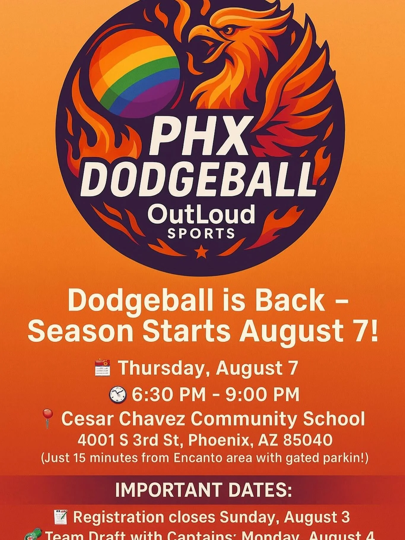 🔥 PHX Dodgeball is BACK! 🔥
We&rsquo;re hitting the court for 7 weeks of epic Thursday night dodgeball starting August 7 &mdash; and you&rsquo;re invited!

🏫 Location: Cesar Chavez Community School
📍 4001 S 3rd St, Phoenix, AZ (just 15 min fro