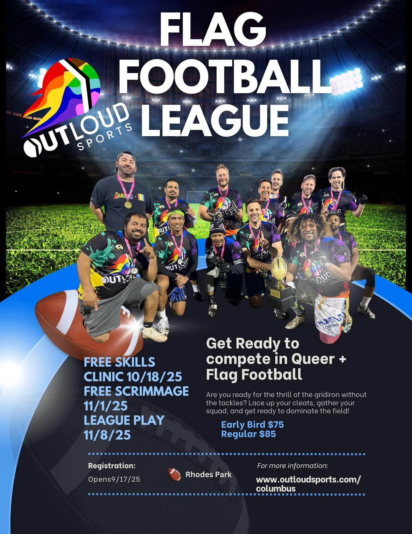 🏳️&zwj;🌈🏈 Columbus, it&rsquo;s here &mdash; Queer + Flag Football!

You asked for it&hellip; and we&rsquo;re making it happen! OutLoud Sports is officially bringing Queer + Flag Football to Columbus, and registration is NOW OPEN. 💥

Whether you&r