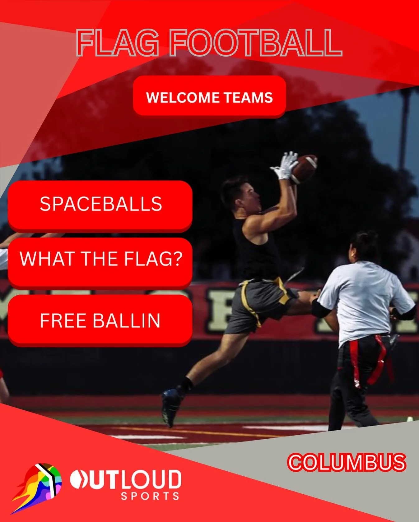 Welcome our first three flag football teams! Free skills clinic 10/18.  Free scrimmage 11/1. League play starts 11/8. Must register for clinic and scrimmage. Wanna be a captain? Or captains play for free!
