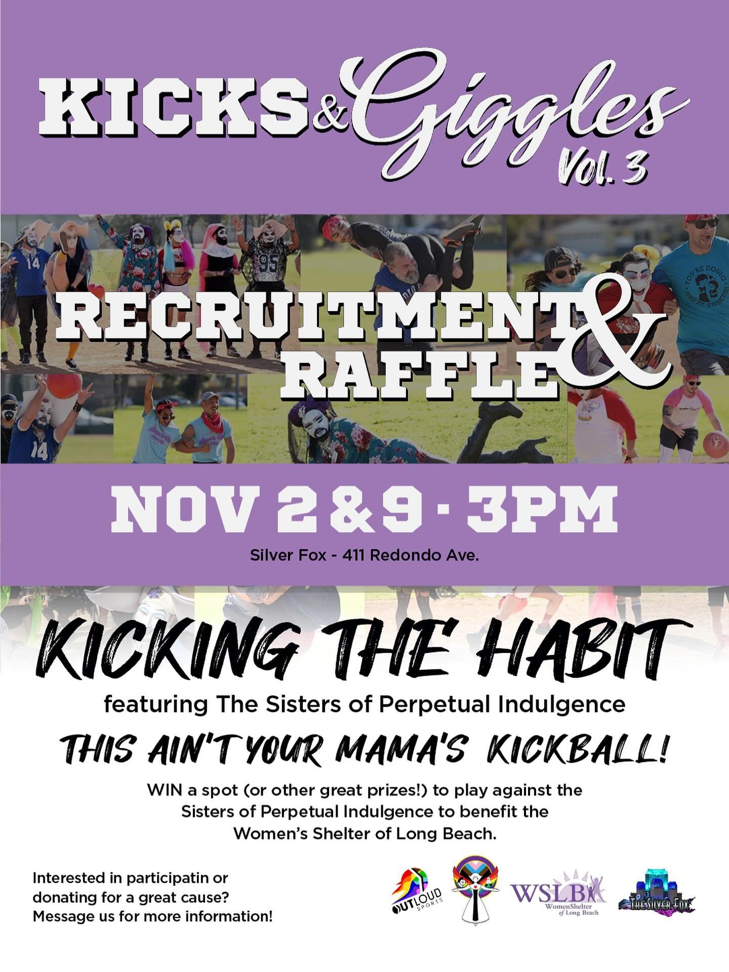 Join us once again for the return of Kicks and Giggles!!! Kick a ball around and help a good cause as we celebrate and support the Women&rsquo;s Shelter of Long Beach! Raffle parties on 11/2 &amp; 11/9 at @silverfoxlb! Win prizes and a chance to play