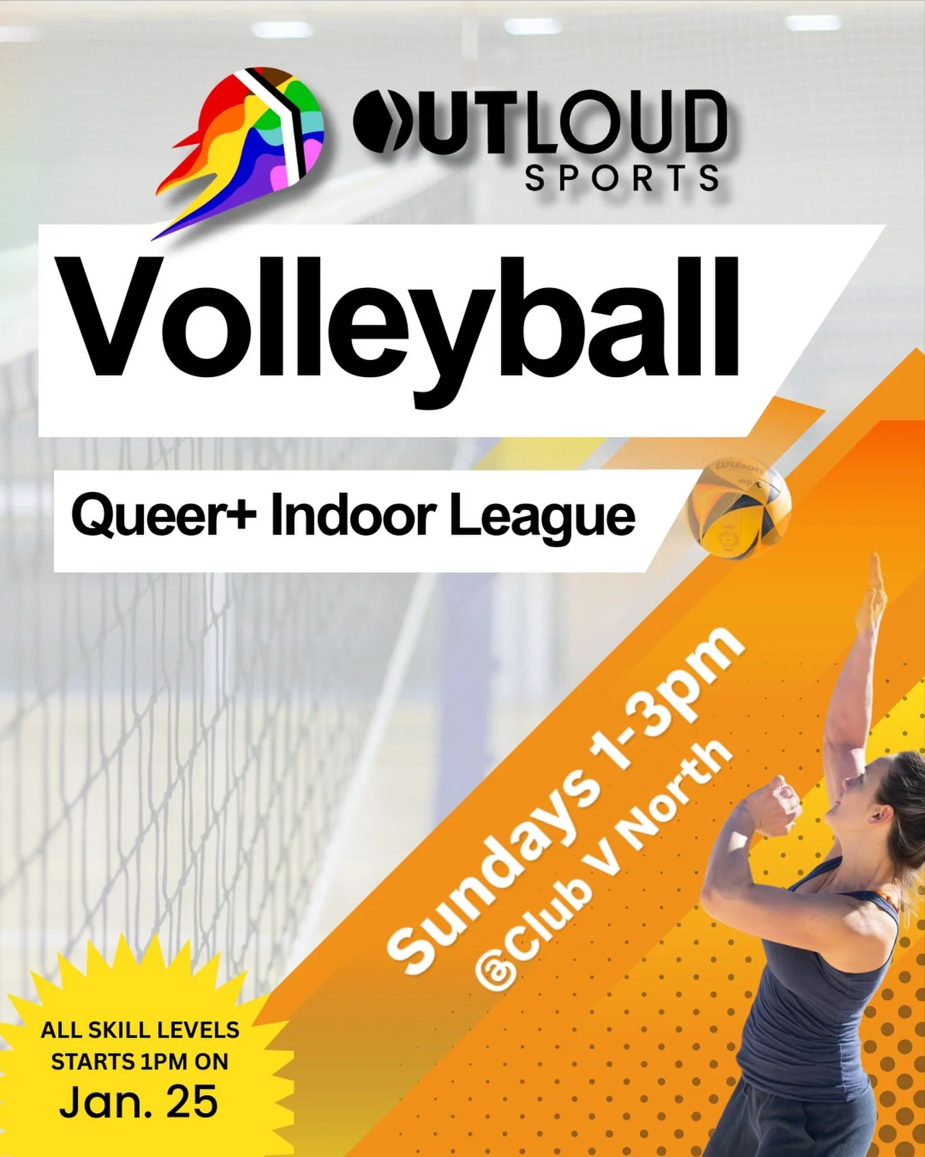 🏐 OUTLOUD SPORTS IS COMING TO SLC! 🏳️&zwj;🌈

Join us for the inaugural season of the OutLoud Sports &ndash; SLC Queer+ Indoor Volleyball League at Club V!

📅 Season: Jan 25 &ndash; Mar 22
🕐 Sundays, 1&ndash;3 p.m.
🏫 Venue: Club V
💸 Registratio
