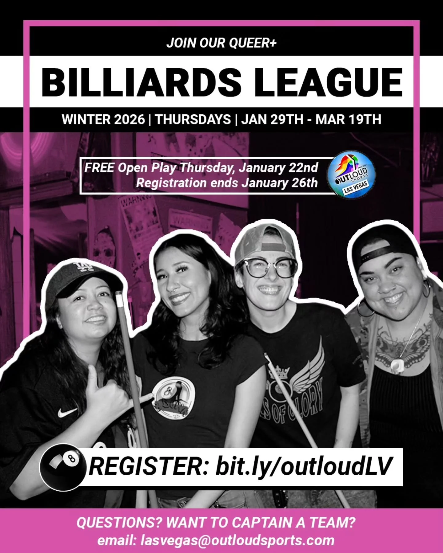 Registration is OPEN for Winter 2026 Billiards! All are welcome! Come play with us Thursdays at 6:30pm.

New to the league? Want to try the sport before signing up? Want to meet people before the season starts? Come to the FREE Open Play on Thursday,