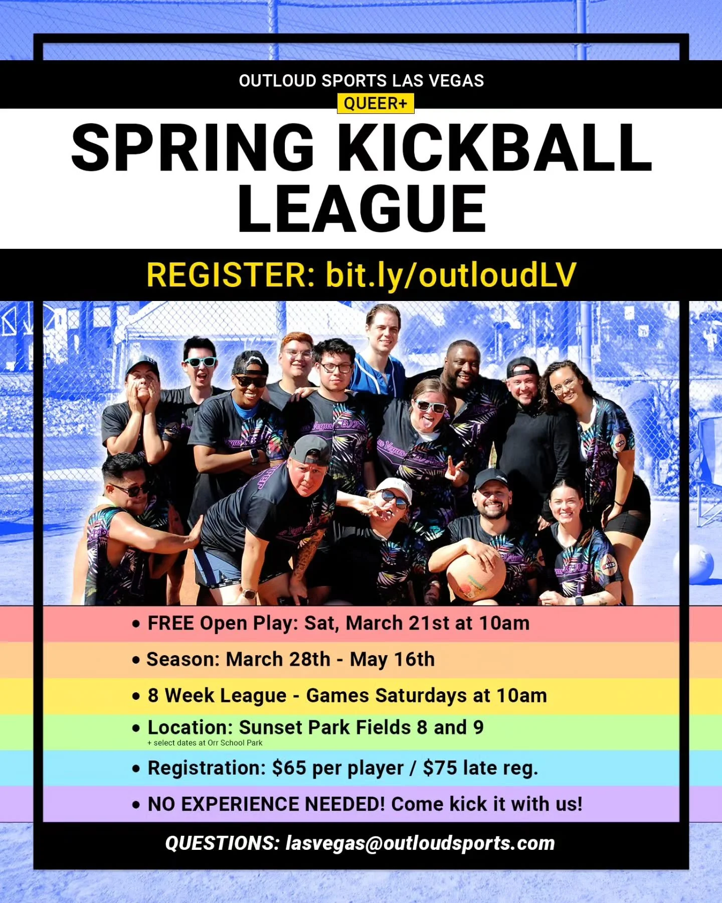 Spring kickball registration is OPEN! Come kick with us! If you're looking for sign to try something new, this is it ✨

FREE OPEN PLAY

📅 Saturday, March 21st
🕜 10am
📍 Sunset Park fields 8 and 9

#gayvegas #vegaslocals #queerkickball #outloudsport