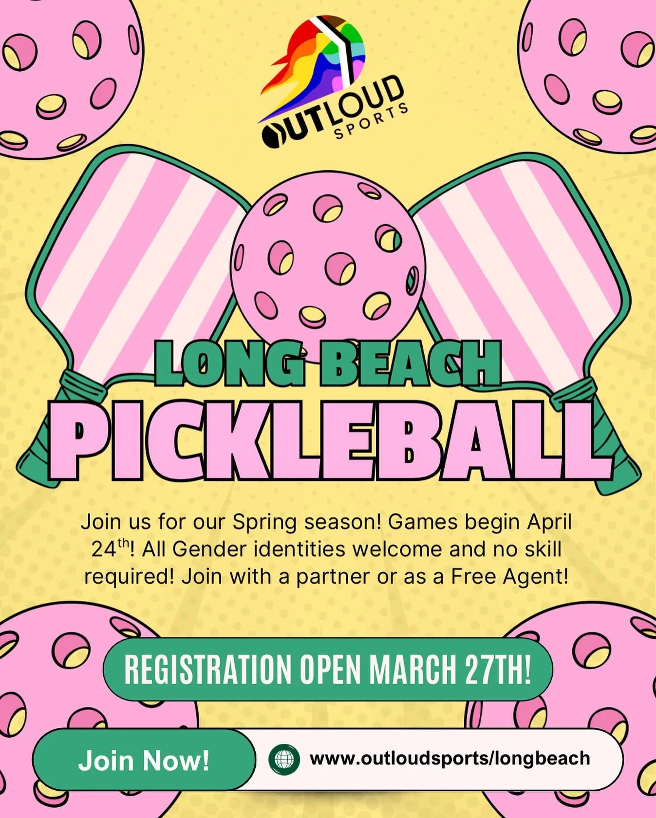 Paddles out! It&rsquo;s Springtime 🌷🌸🌺 and that means&hellip; Spring Pickleball is here!!!🏓

Join our most coveted sport in Long Beach today! All genders and all skill levels welcome! Sign up with a partner or a Free Agent! Games held Friday nigh