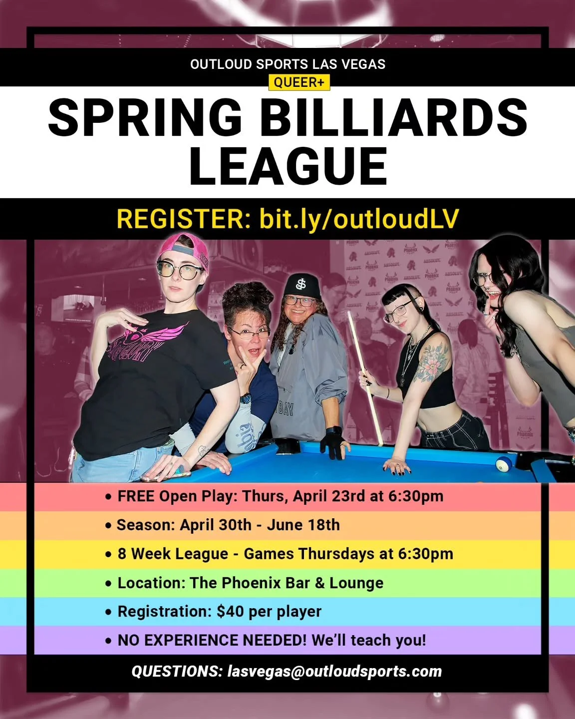 Spring billiards registration is OPEN! Come play with us! Newbies welcome 🎱✨

FREE OPEN PLAY

📅 Thursday, April 23rd
🕜 6:30pm
📍 The Phoenix Bar and Lounge

#gayvegas #vegaslocals #queersports #outloudsports
