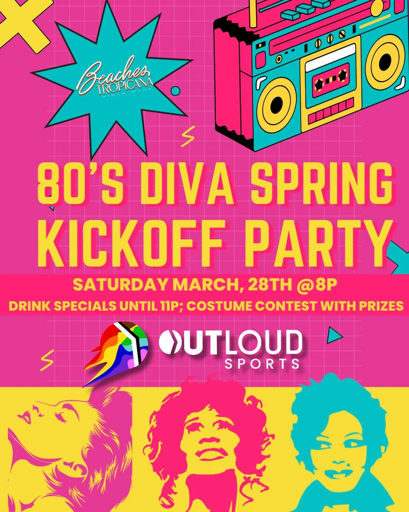 🎤✨ Get Ready to DANCE&hellip; It&rsquo;s Our Spring Kick‑Off DIVA PARTY! ✨🎤

Next Saturday, we&rsquo;re turning Beaches Tropicana into a full‑blown 80s Girl Pop Star Fever Dream to celebrate the kickoff of Spring Sports!

👑 THE THEME: 80s Divas &a