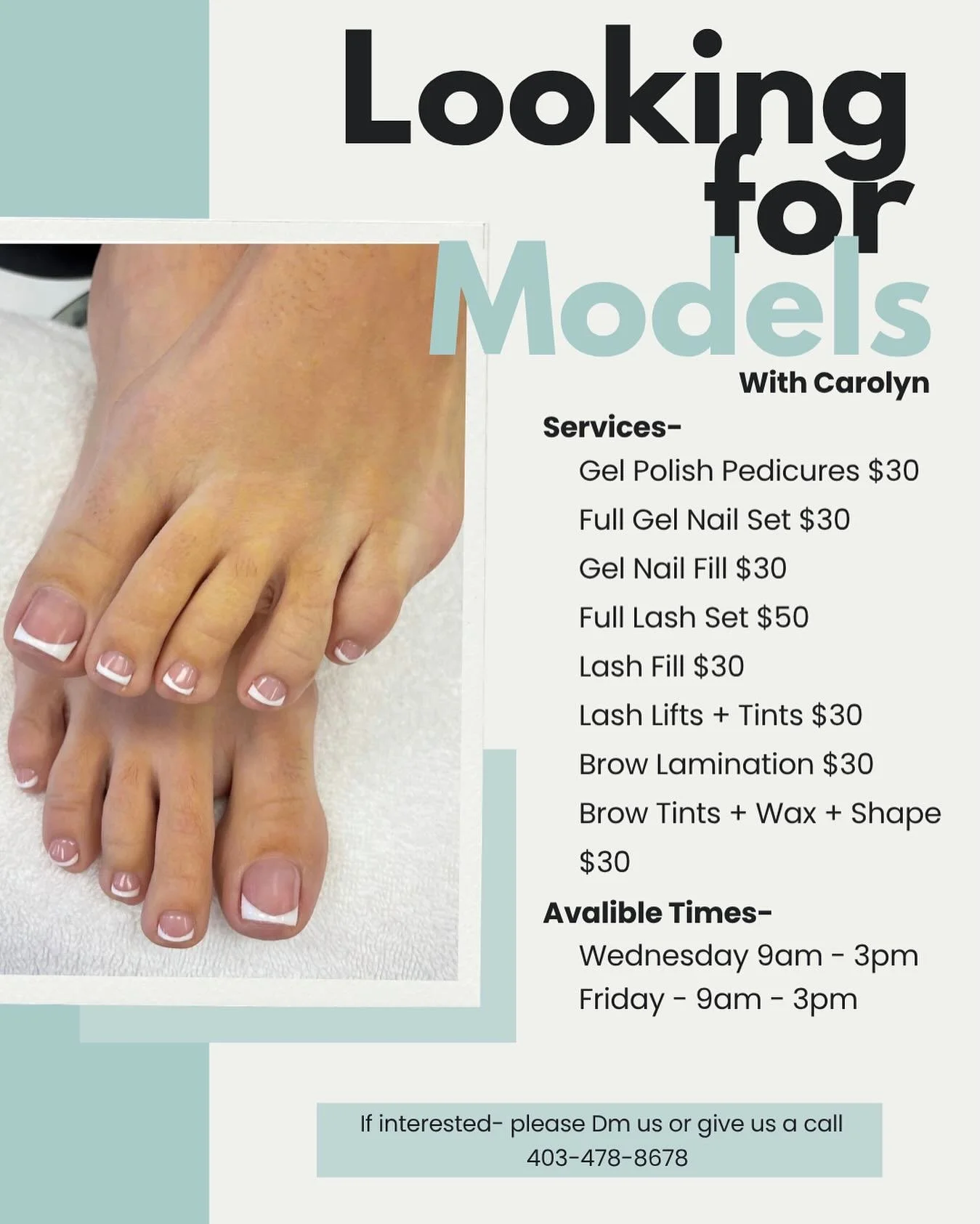 ✨ MODEL CALL! ✨

📍 Location: [104 - 21 Elizabeth Street Okotoks, Alberta] 
💌 Interested? DM me for more details and to book your spot!

Tag a friend who might be interested! 💕 

#ModelCall #ModelsWanted #BeautyServices #LookingForModels #DMToBook 