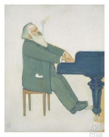 Cartoon of Johannes Brahms at the piano