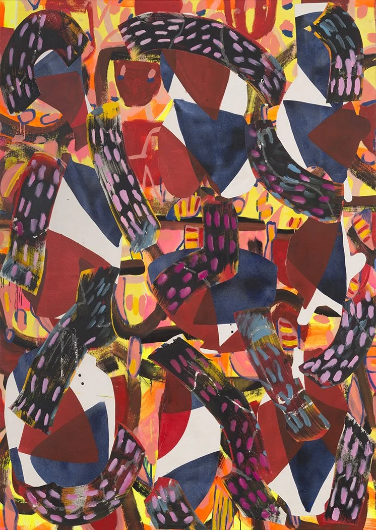 Ali Silverstein
Sept 19, 2016 (Red and Blue Vessels on Pink and Fluorescent Yellow)
Acrylic, cut canvas, canvas 80x65 in