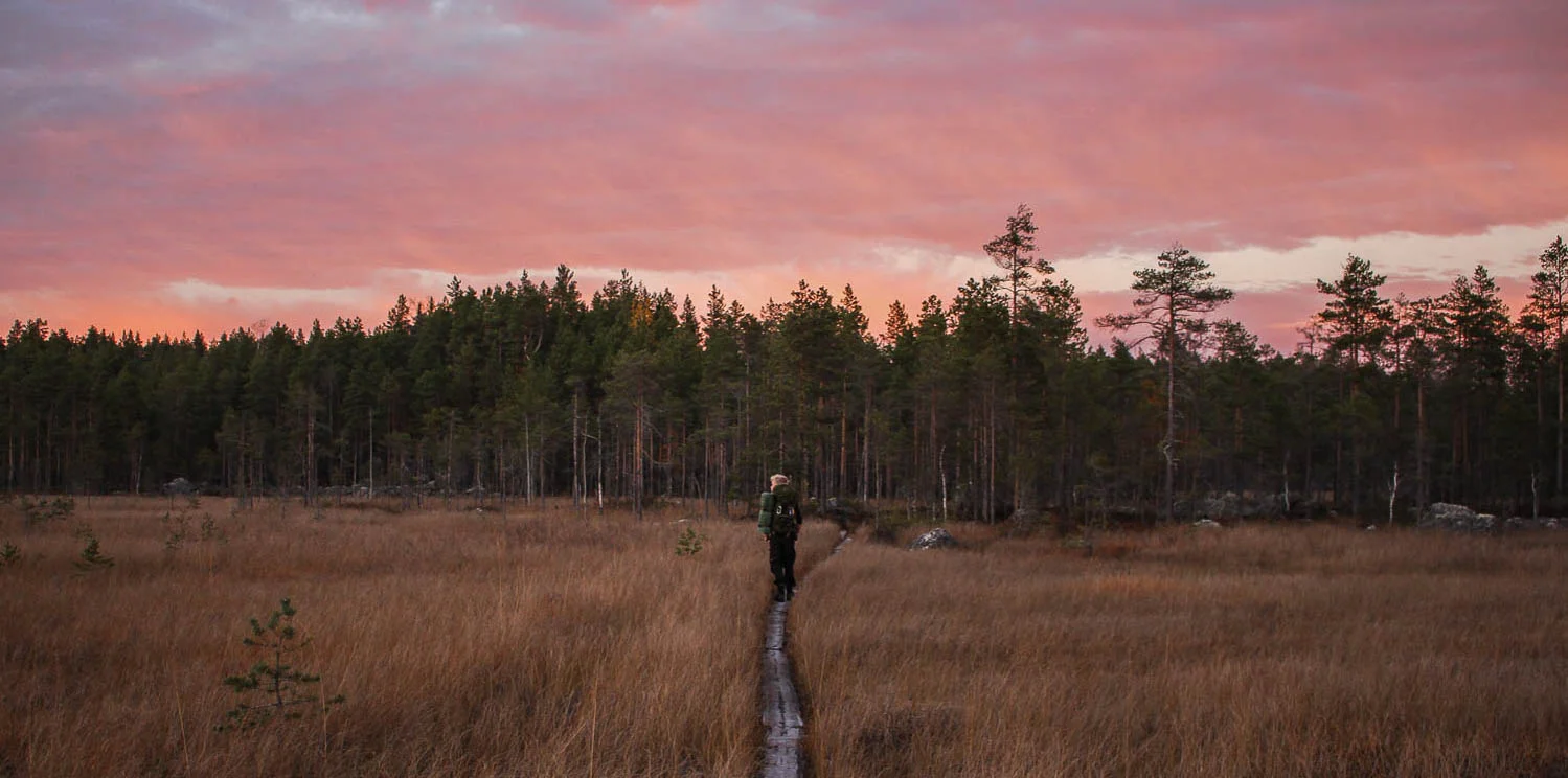 Pitkospuut oranssin auringon alla.