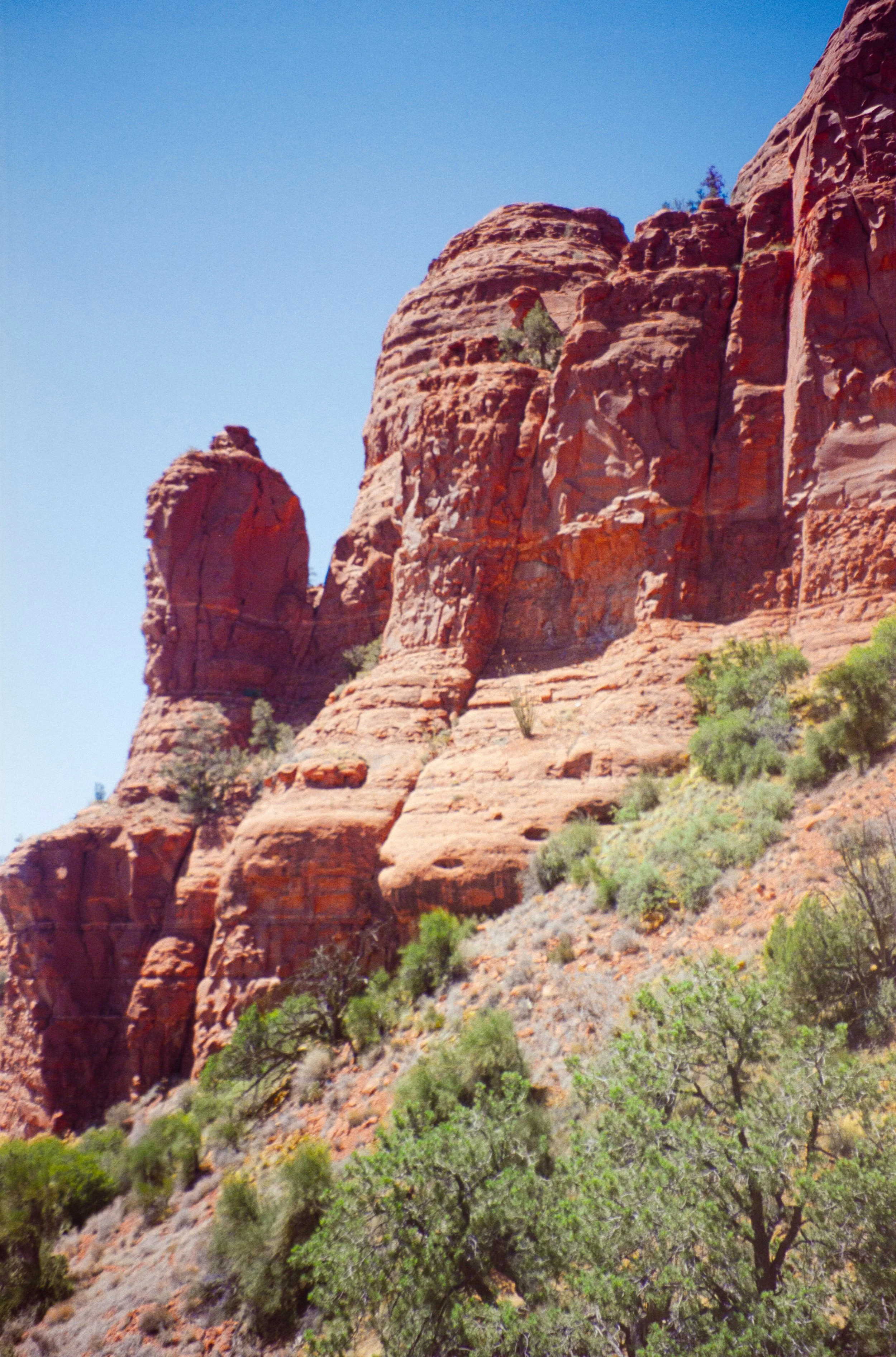 Red rock formations and desert vegetation under a clear blue sky.