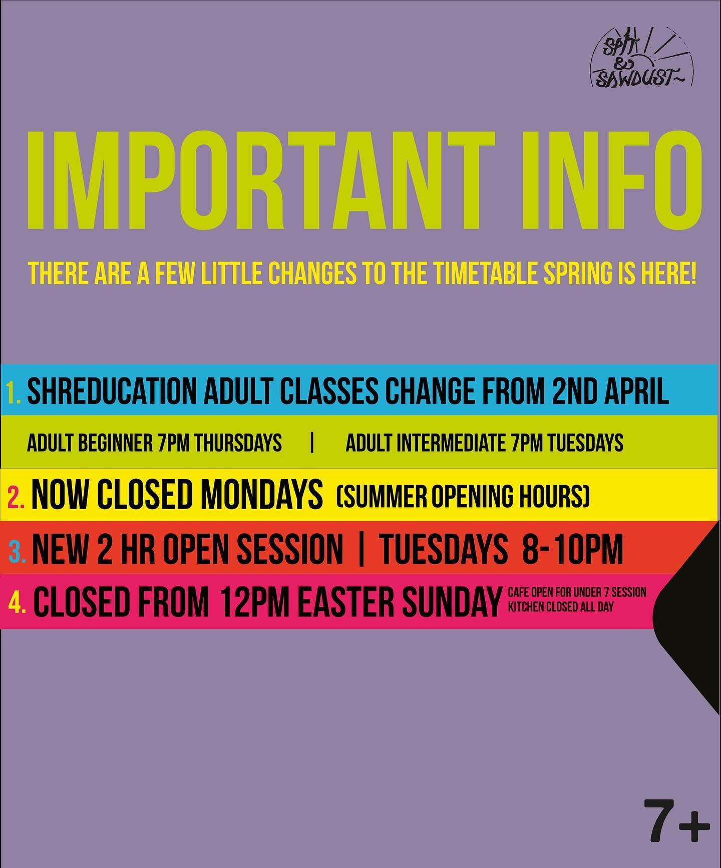 There&rsquo;s been a few little tweaks to our schedule! 

Adult Shreducation will now be 2 sessions a week. Tue for intermediates and Thursday for beginners.

We&rsquo;ve added a sweet little 2 hour open session to Tue evenings 8-10pm. (Makes up for 