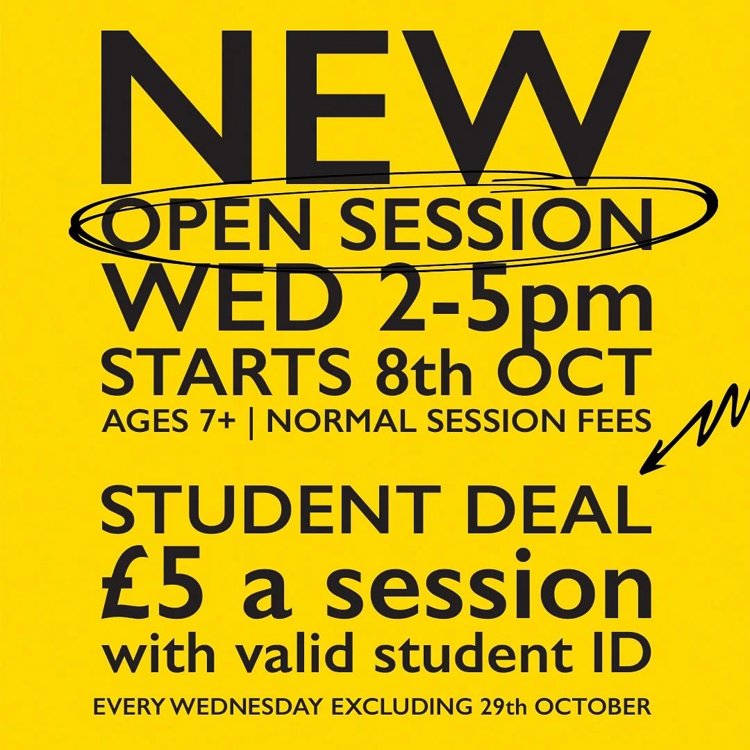 Sweeeeeeeeeeeet.
New open session  wing thrown into the timetable! From Wednesday 8th, we have a cheeky 2-5 drop in slot. 
All welcome (ages 7+ as usual) 
STUDENTS get the whole thing for a fiver. Just show us your student ID 👌🤘

#cardiffstudentsun