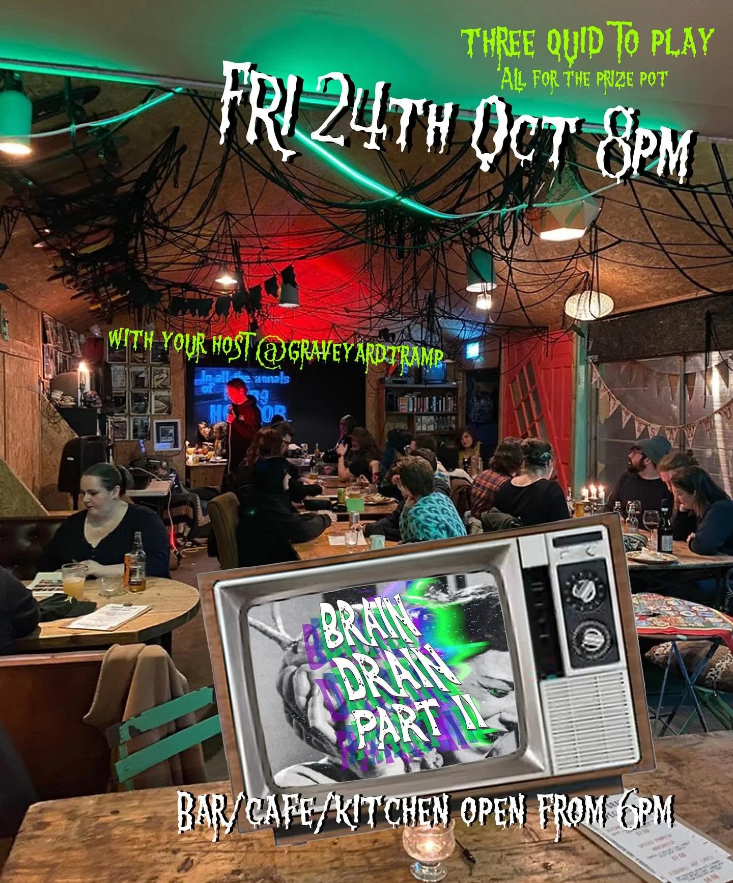 IT&rsquo;S BACK! The Halloween brain drain quiz with your host @graveyardtramp. The quiz master is ready to test your Halloween movie knowledge &hellip; come and give him hell! &hellip;&hellip;.&rsquo;I&rsquo;m every nightmare you&rsquo;ve ever had. 