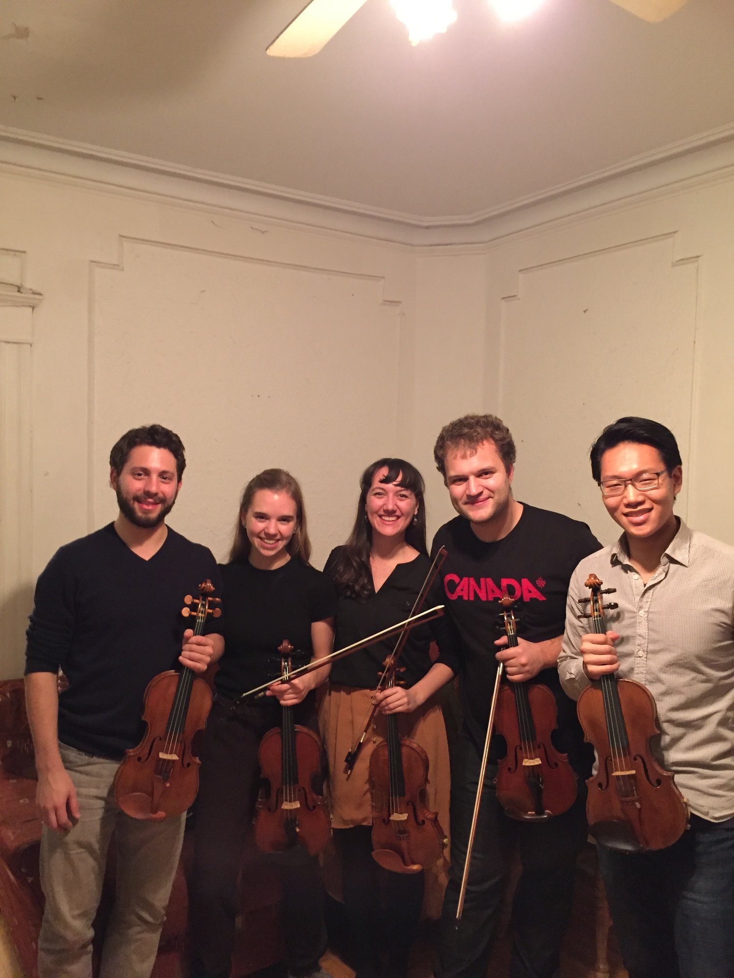 Happy with our newly-loaned instruments in Montreal shortly after the 2015 Canada Council Musical Instrument Bank competition. Left-to-right: Guadagnini, Pressenda, Stradivarius, Vuillaume, and Gagliano. Not too shabby!