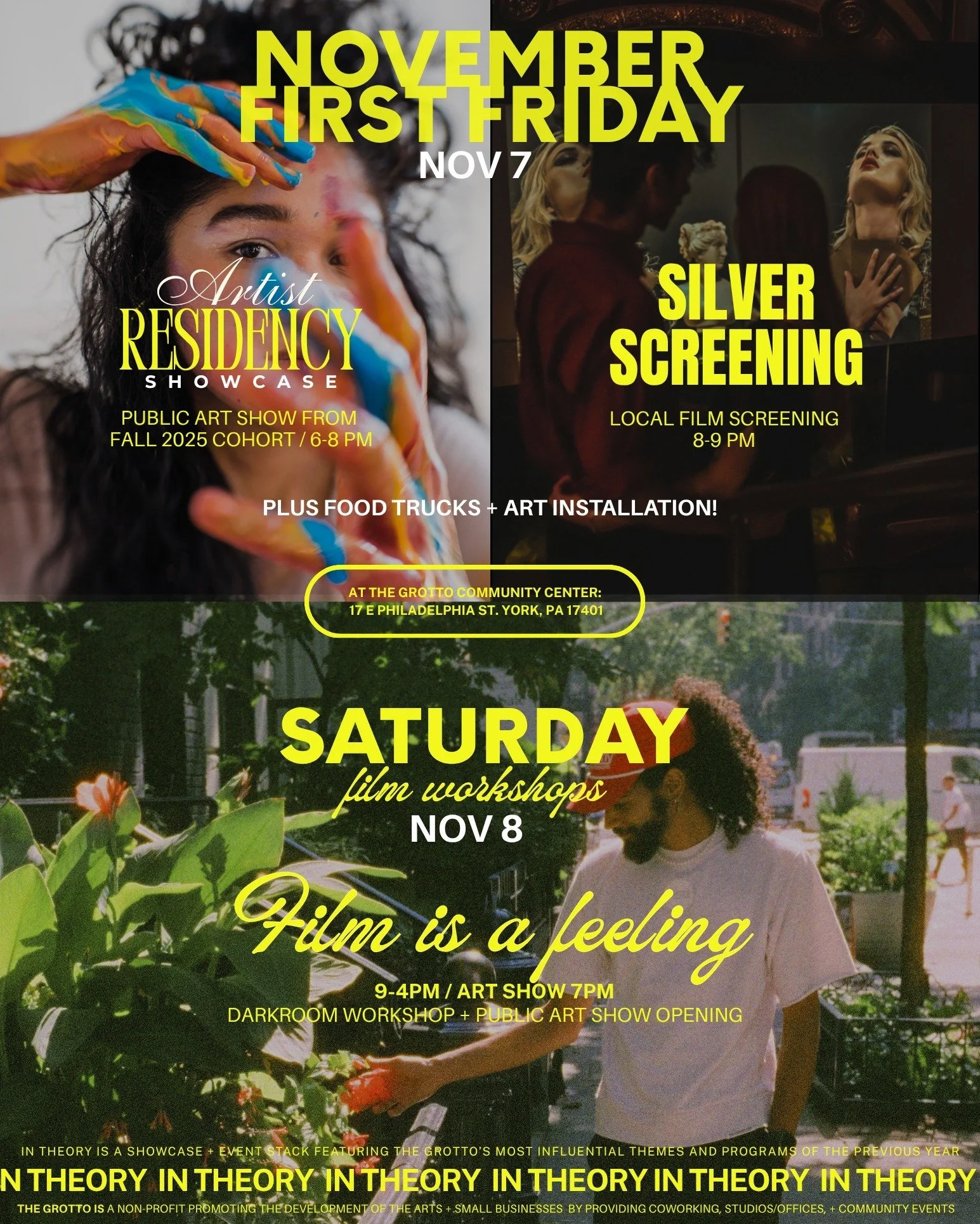 IN THEORY is our yearly showcase event featuring The Grotto’s most influential themes + programs of the year ✨
This year, we're focusing on FILM. 🎞
Both film-making + film photography.
This is an event stack featuring a FILM SCREENING of sho
