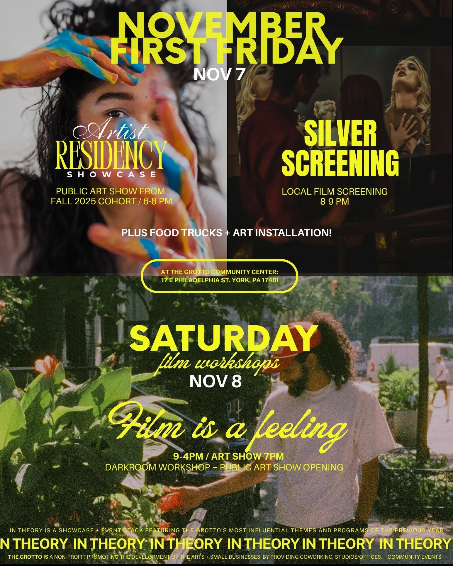 Scroll through to get the DEETS on our showcase event for 2025: In Theory ✨👀
In Theory showcases The Grotto's most influential themes and programs of the year--giving our beloved community a chance to join the fun with a full weekend of art + event