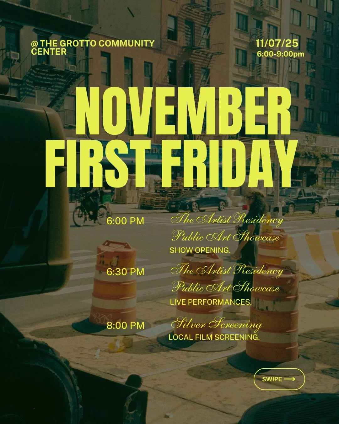 💚 NOVEMBER FIRST FRIDAY 💚

The Grotto is the place to be!
So much FREE goodness. Various forms of art. Lots of ways to connect with like-minded people. 

This will be a spotlight for local artists, filmmakers, &amp; cinematographers + a moment to c