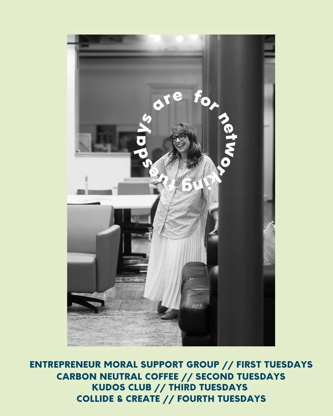 Did you know!? We have networking events EVERY Tuesday of the month for the community! ✨

✨ Every FIRST Tuesday: Entrepreneur Moral Support Group from 12-1 pm!  A community event created to support the specific struggles of entrepreneurship over lunc
