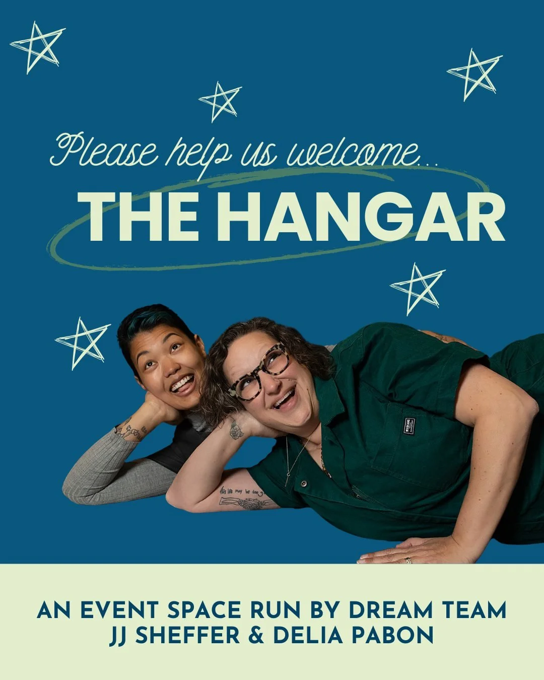 Did you hear?! 

Hometown heroes JJ Sheffer and Delia Pabon and their event space, The Hangar, are taking over the downstairs of The Grotto! 

We'll still have our regular M-F coworking from 9-5, but by night and weekends, the space will transform in