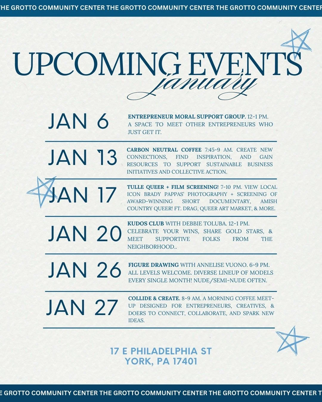 ✨January's Events @ The Grotto! 💫

#downtownyorkpa #communitysupport #communityfirst #downtownyork #iloveyorkcity