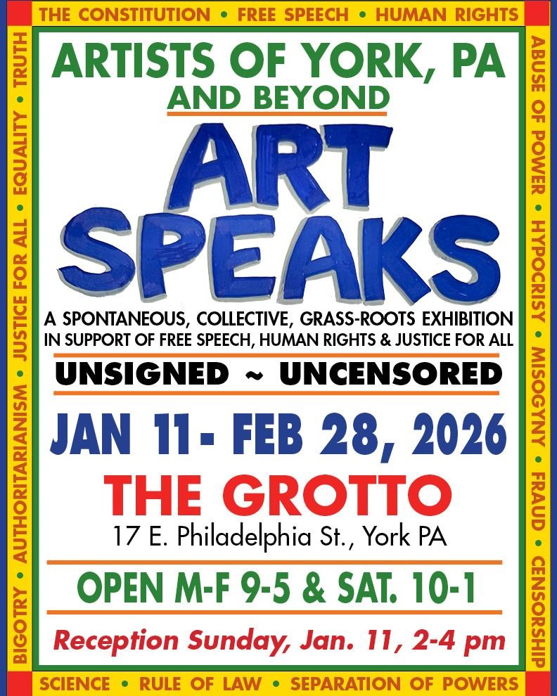 Art Show Opening This Sunday! 🎨

Art Speaks is a spontaneous, collective, grass-roots exhibition in support of free speech, human rights and justice for all. 

Join us at The Grotto from 2-4 pm for an uncensored art show with artists from York and b