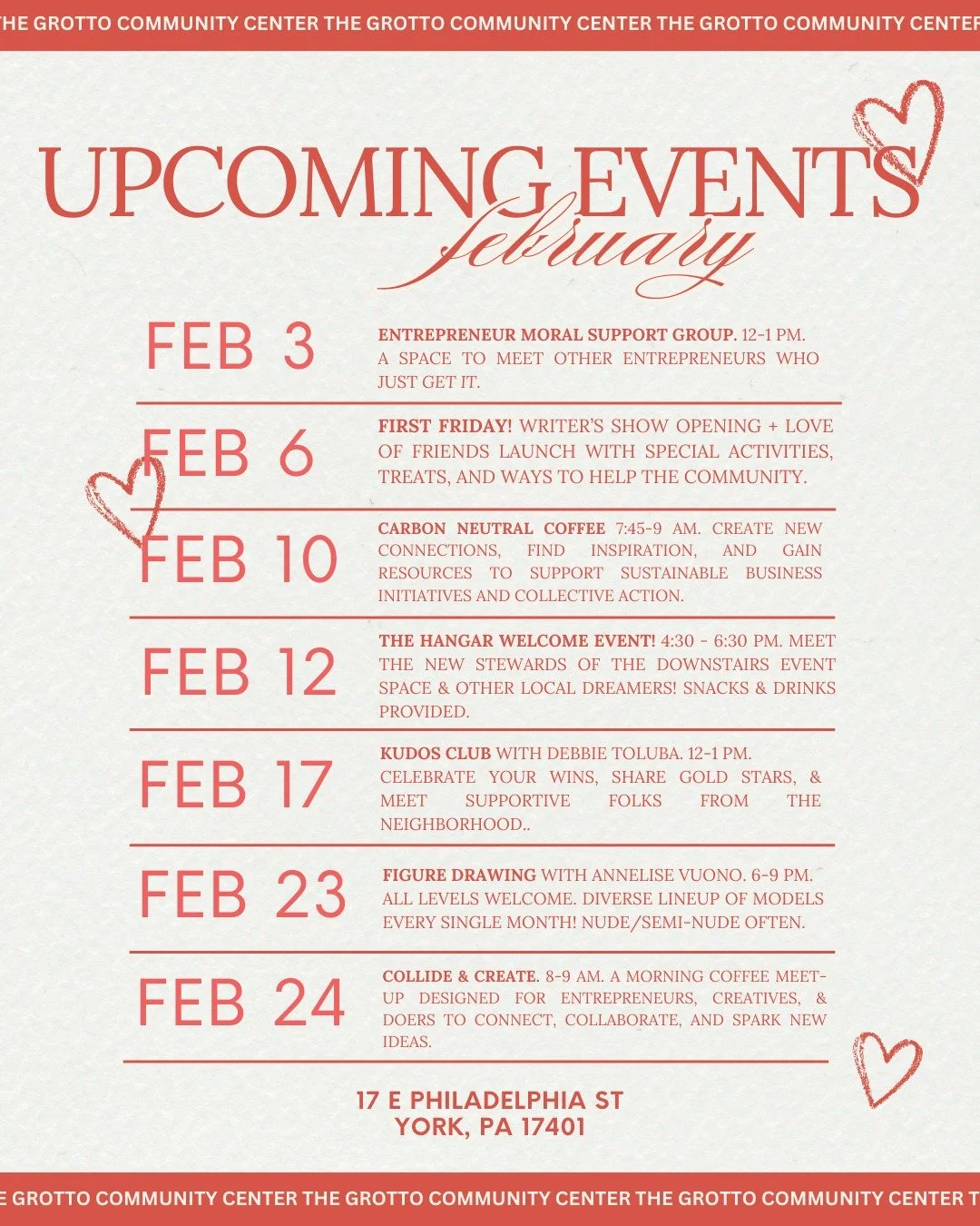 We can't wait to see you at The Grotto Community Center this month! 🌹✨

#communitysupport #communityevents #iloveyorkcity #downtownyorkpa #downtownyork