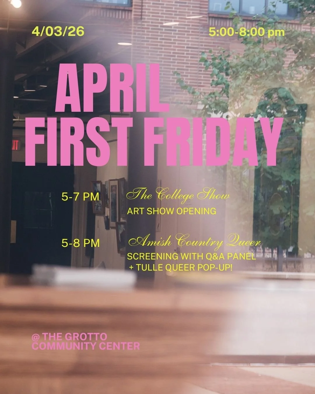 FIRST FRIDAY 💥 

Tomorrow night, catch the opening of our Collage Show and then watch a screening of the award-winning documentary Amish Country Queer! 

Spring has sprung and the coolest artists in York will be out downtown. 😉

Join us! 🌸

#first
