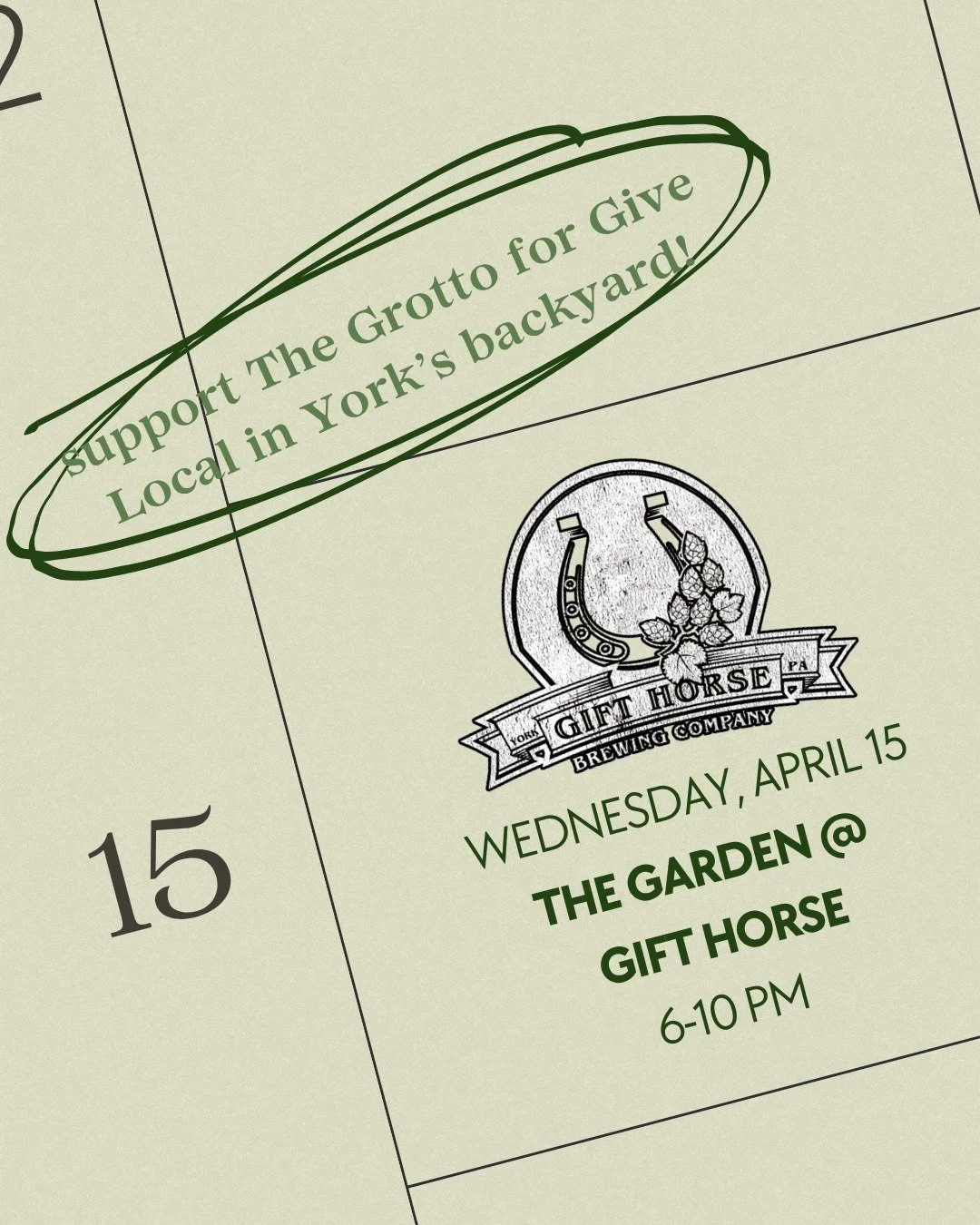 🐎🍺Grotto Give Local Backyard Benefit at Gift Horse🍺🐎

OH, LOOKS LIKE YOU HAVE PLANSTHIS WEDNESDAY.

Join us in Downtown York&rsquo;s backyard&ndash;literally right next door&ndash;for an easy, fun way to support The Grotto! 

Deets: 
Gift Horse B