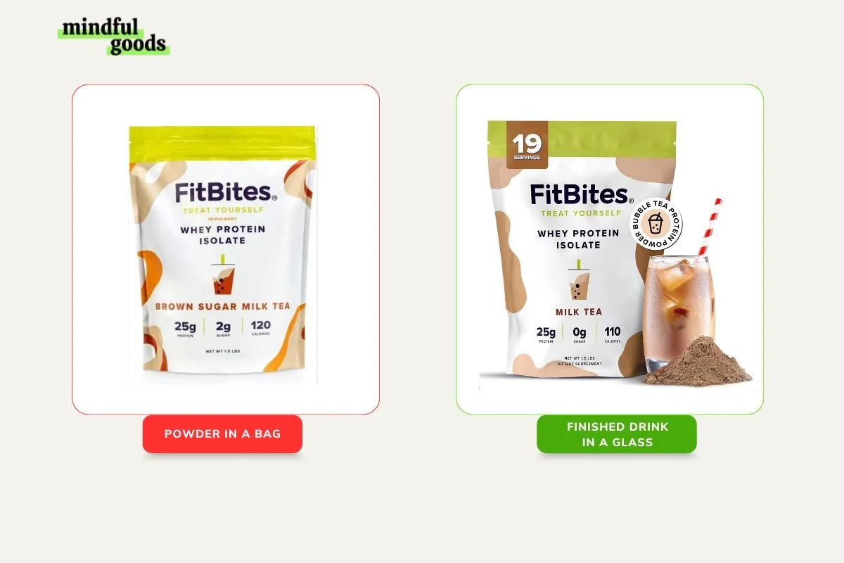 Comparison of two Amazon main images. One shows just the packaging, and the other shows the end result.