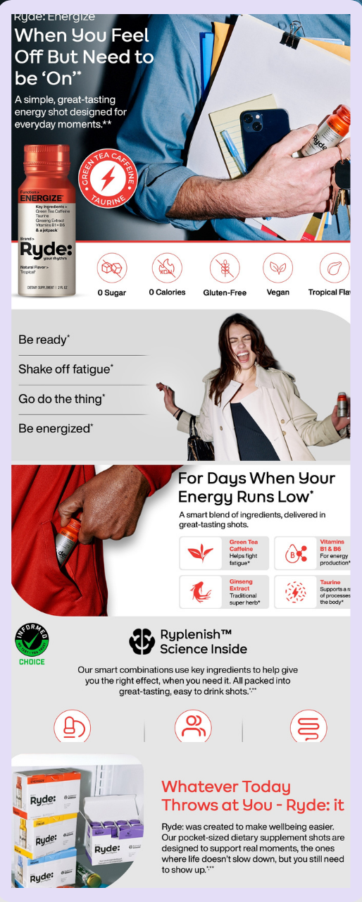 a snippet of Ryde Amazon A+ content, another beauty brand with the best Amazon A+ content in the beverage category