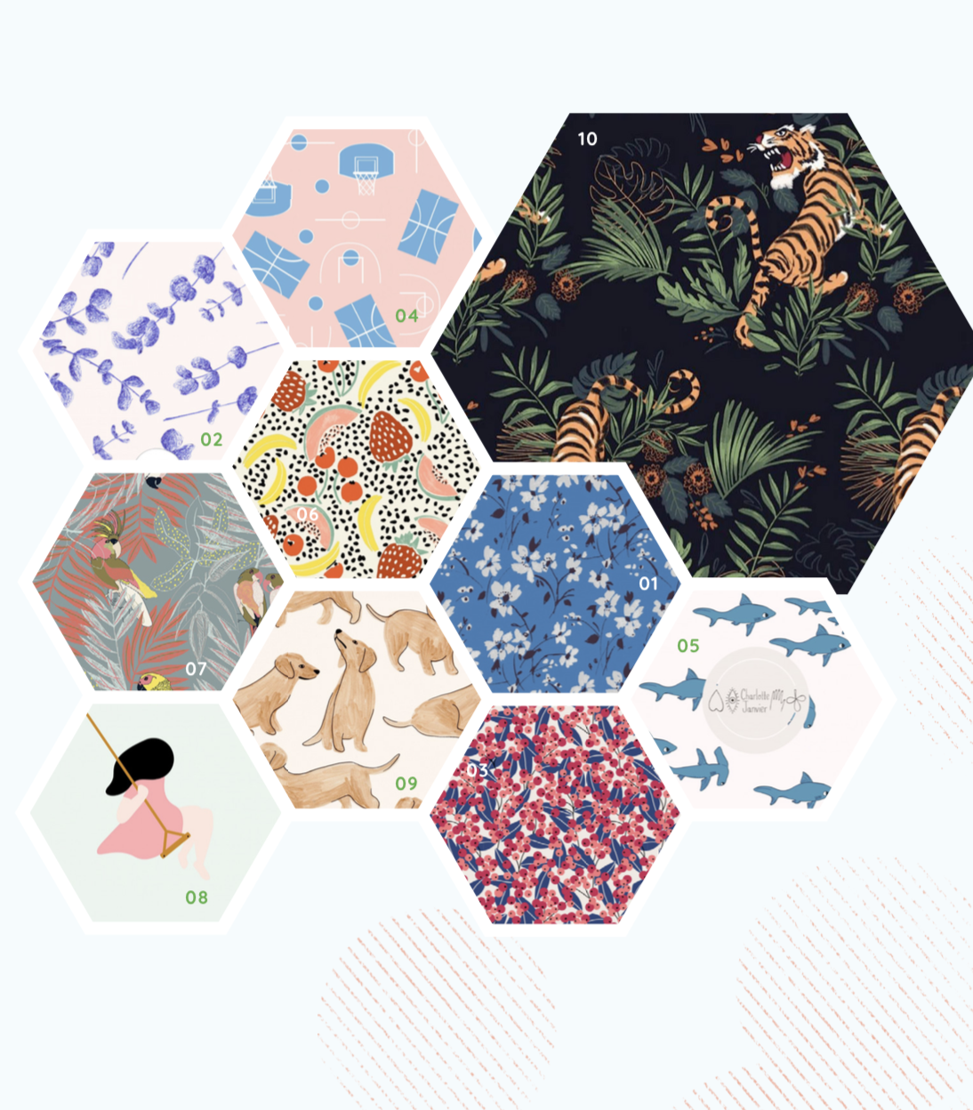 • apolline (1) • axelle design (2).• baltik (3)• charlène bornard (4)• charlotte janvier (5)• claire colin (6). 07 • cosmic zoo• girlgang (7)• la fabrique studio• pauline manguier (8)• season (9)• studio paristanbul (10)