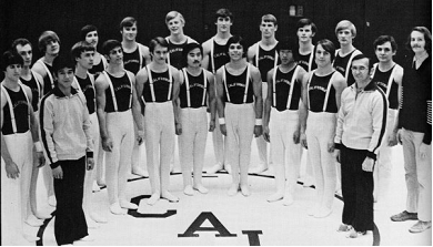 Men's Gymnastics Front Row (left to right): Ass't Coach Watanabe, Co-Captain Mark Adams, Steve Posner, Tom Beach, Gary Ino, Al Garcia, Steve Matsuo, Iverson Eicken, Head Coach Hal Frey; Back Row : Tom Weeden, Warren Long, Mike DuBos, Ron Bell, Dave Eby, Matt McGaughey, Ridge McGhee, Clark Johnson, Co-Captain Mark Lundy, Tyr Wilbanks, John Cameron, Dave Demanty (Manager)