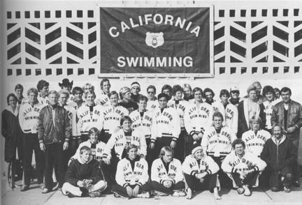 Men's Swimming Sitting (left to right): Pelle Holmertz, Bill Schmidt, Jim Johnson, Mike Kelly, Paolo Revelli; Kneeling : Ryan Ledwith, Dave Santos, Paul Sims, Craig Haigh, Daryl Jorgenson (Diving Coach); Standing : Dave Malin, Bart Cerer, Par Arvidsson, Mike Doyle, Karl Mohr (Ass't Coach), David MacNeill, David Mitchell, Kirk Anderson, Jeff Heimans, Ralph Jones, Dave Boatwright, Tom McMullen, Don Bull, Todd Trowbridge, Chip Nielsen, Gerry Gray, Tim Cespedes, Dave Wilson, Bruce Sperber, Steve Ellberg, Bill Jacob, Peter Szmidt, Rod Wade, Pat Roy, PA Magunusson, Tom John (Ass't Coach), Reed Jackson, Mike Grimm, Nort Thornton (Head Coach)
