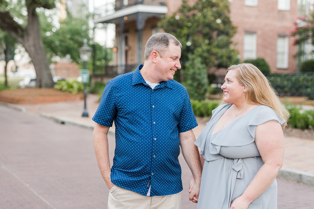 Downtown Mobile Engagement Session in the Summer with overcast skies photographed by Kristen Marcus Photography | Alabama Wedding Photographer