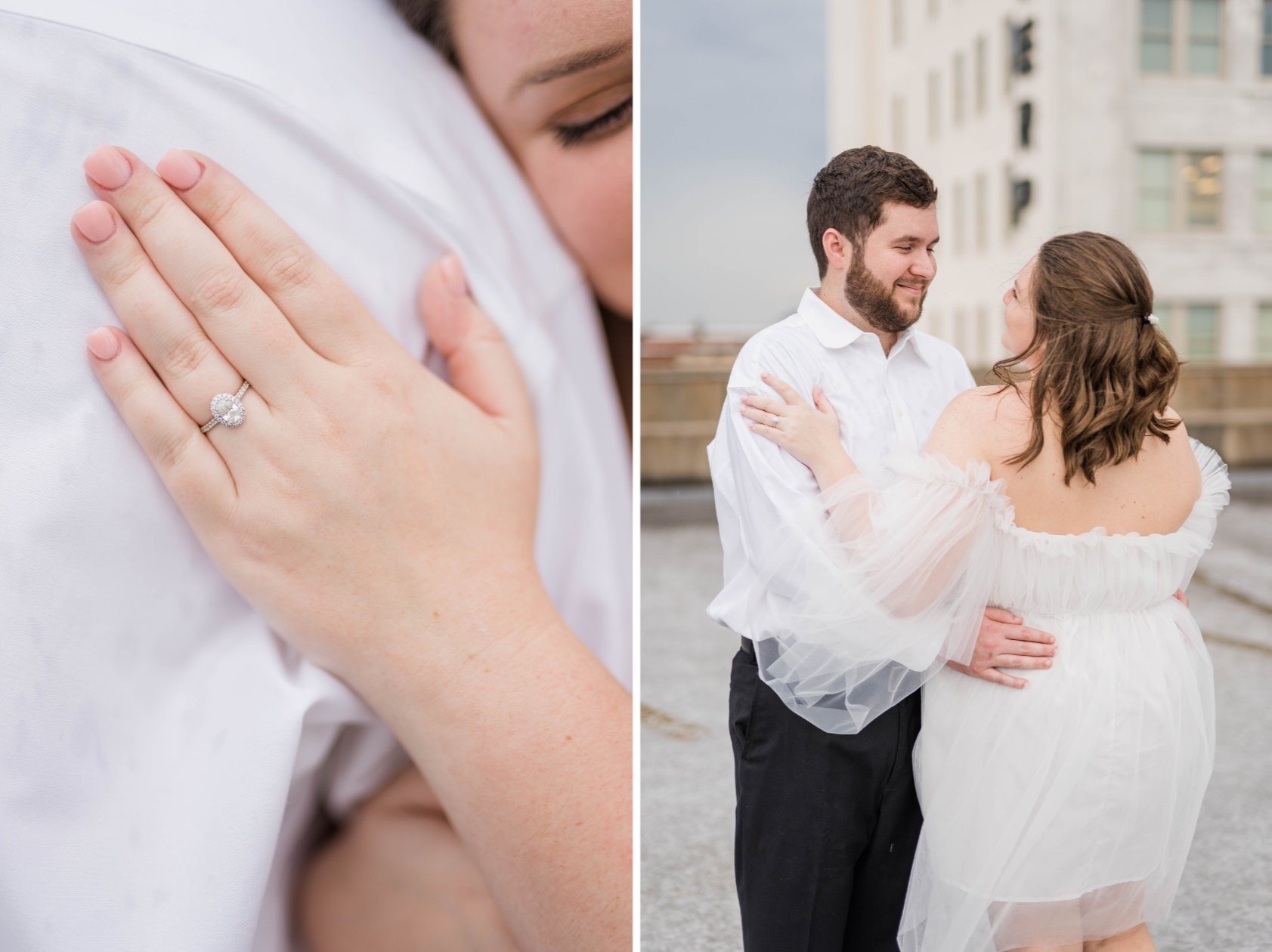 Downtown Mobile AL Rainy Engagement Photos in a Tulle Dress