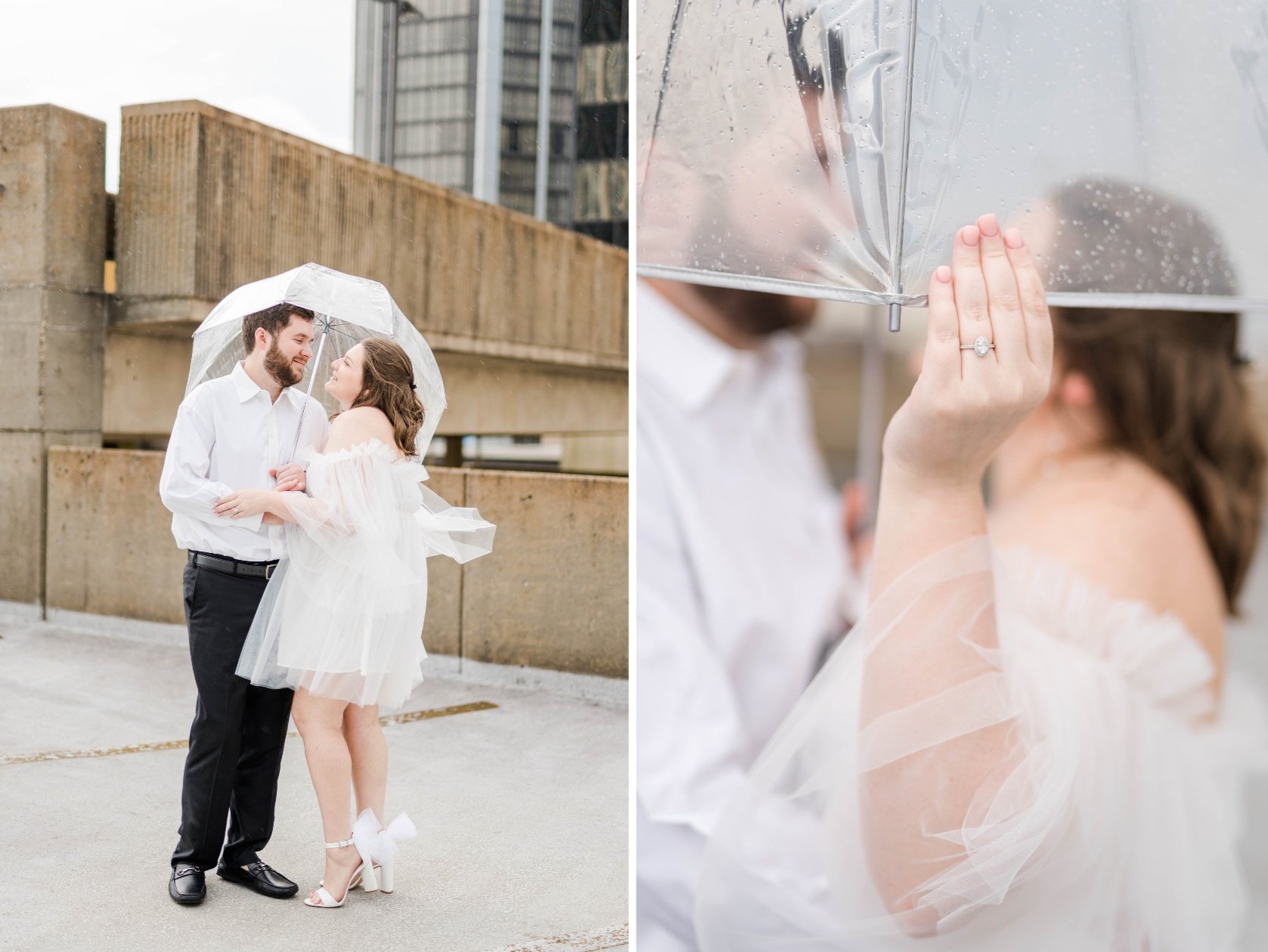 Downtown Mobile AL Rainy Engagement Photos in a Tulle Dress