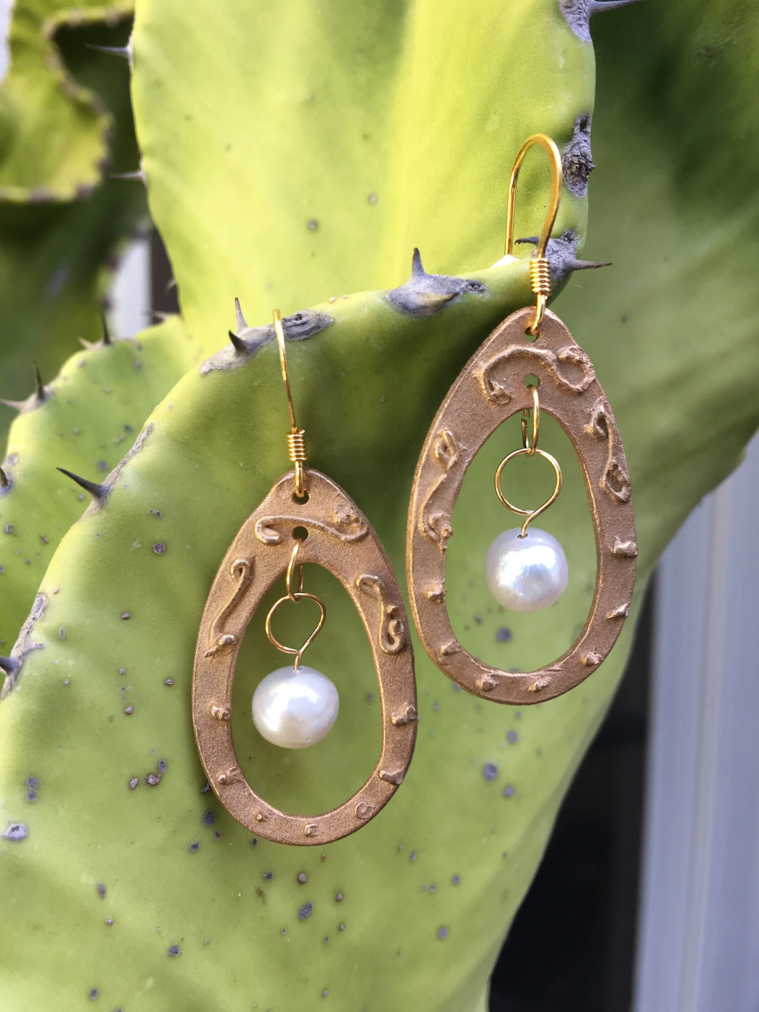 Hand Sculpted Bronze Collection: Pearl Teardrop Earrings