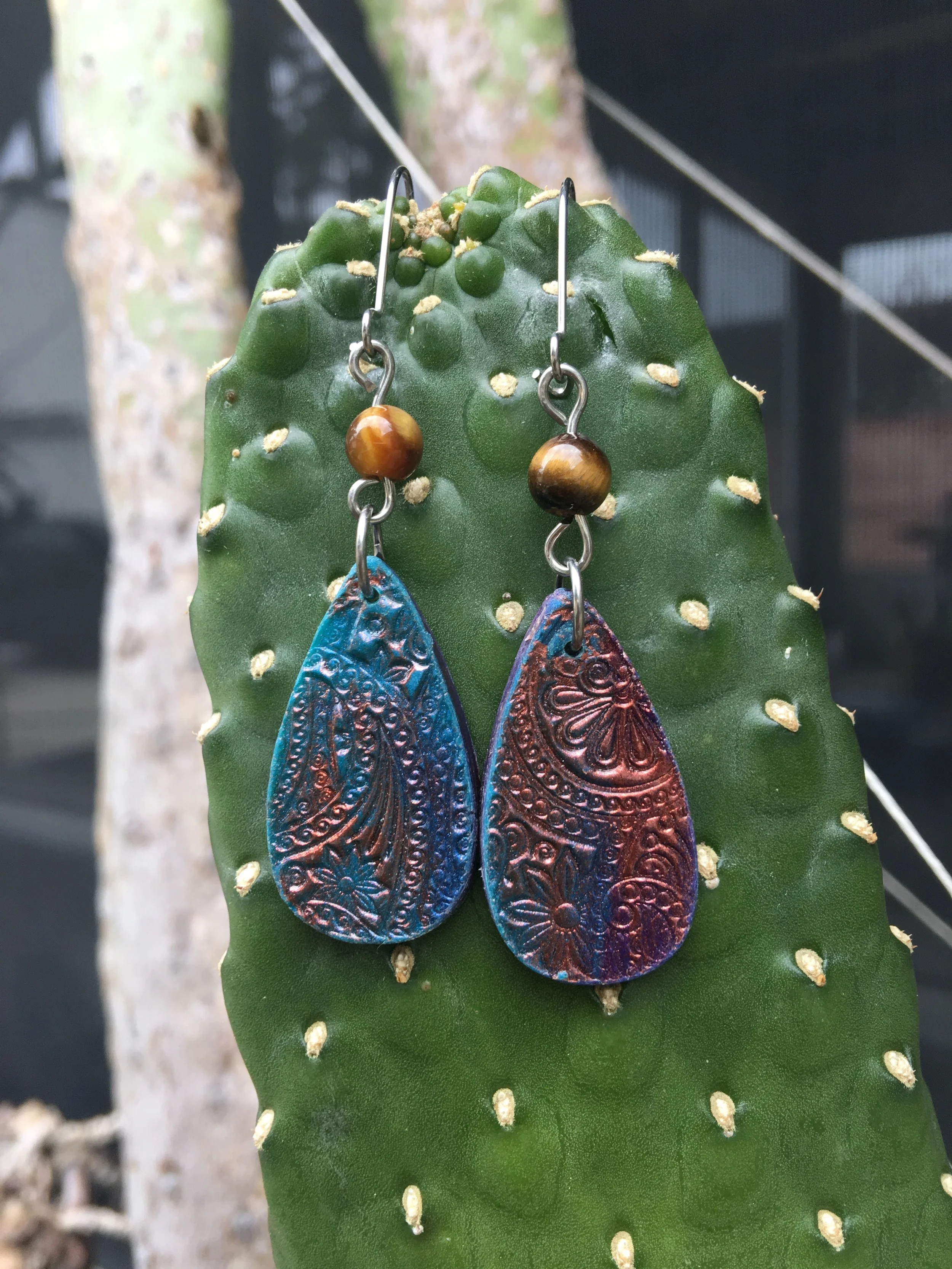 Mixed Media Collection: Henna Design Earrings with Tiger Eye & Polymer Clay