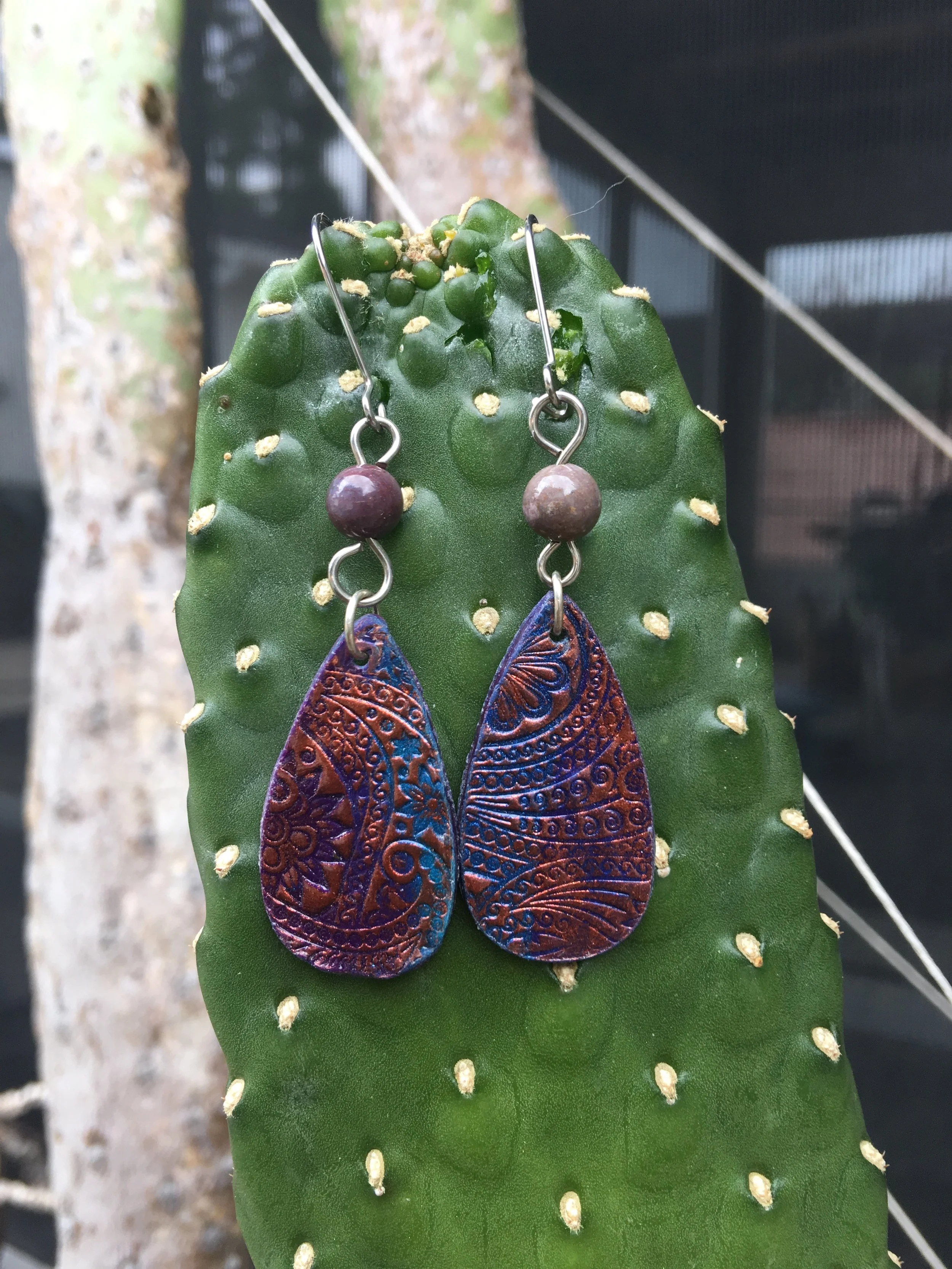 Mixed Media Collection: Henna Design Earrings with Mauve Natural Stone & Polymer Clay