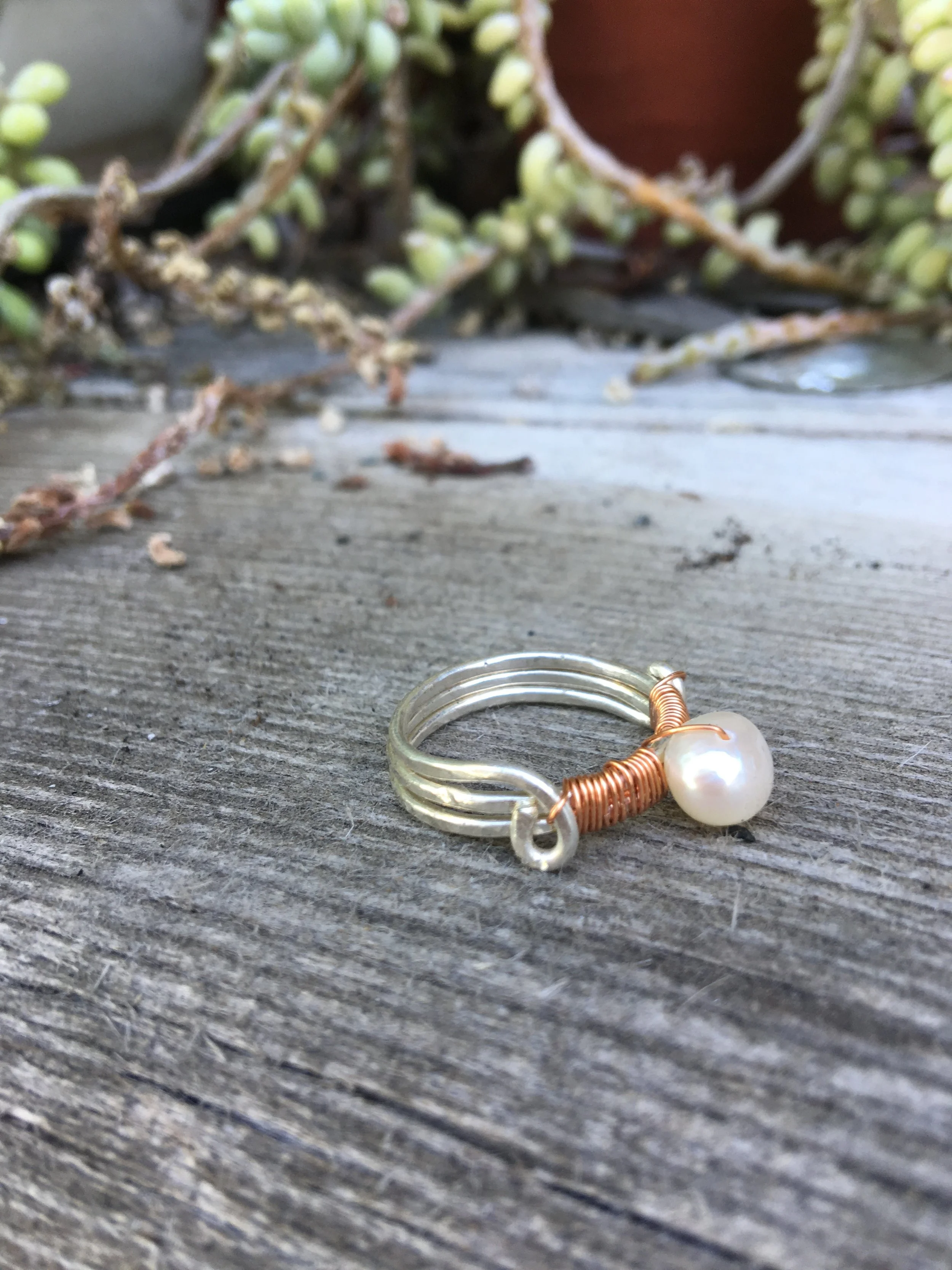 Historical Fantasy Collection: Freshwater Pearl Silver & Copper Wire Wrap Ring Size 7