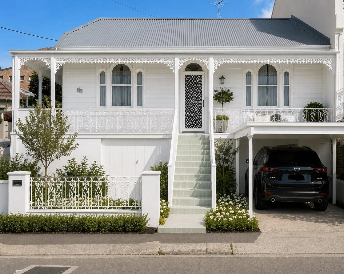 We walk past these old homes every day, and would love to marry them together and give them new life, there&rsquo;s nothing wrong with all white and a little iron lacework and a grey #colorbondroof 🤍 🩶 take a look at the before and after #workersco