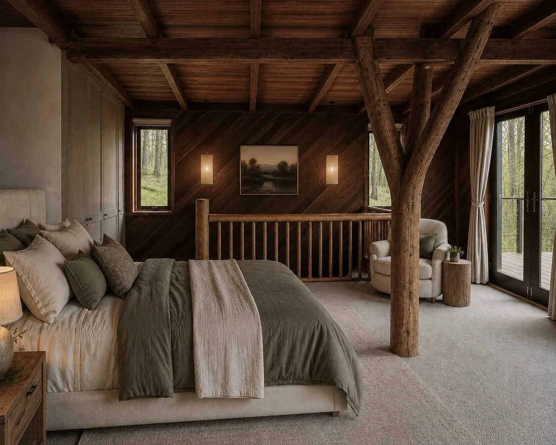 Design of a bush retreat near the rural town of Stroud NSW, the home features natural wood walls and ceilings and the trunks of trees as structure, a refined ensuite was created to accompany the relaxed bedroom #ruralproperty #australianruralhomes #a