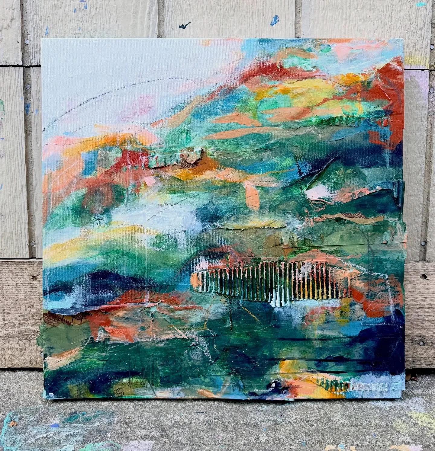 &ldquo;The view in between&rdquo; 
20x20 
Mixed media on canvas-acrylic, paint stick, oil pastel, graphite, recycled packaging materials, spray paint. 
Piece will be framed and available during this years @austinstudiotour 

@southaustincreatives 
No