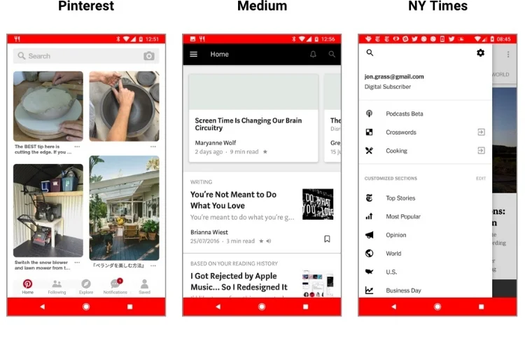 Pinterest uses a universal search bar to encourage search, while Medium offers an expandable search to suggest browsing. NY Times goes one step further by putting an expandable search inside a menu.
