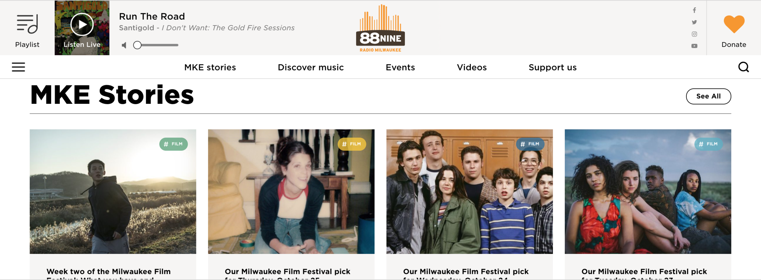 Radio Milwaukie’s website uses a tile layout that has become synonymous with flat design. 2D image tiles become jumping-off points for different features, and all elements on the page lay flatly against one another without any dimension.