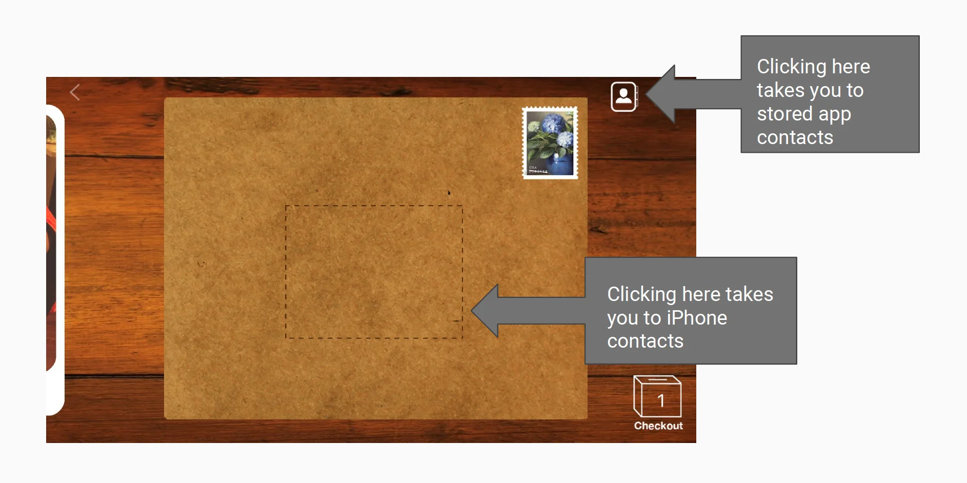 Felt lets you digitally send a real letter to a friend. Making you tap the address part of an envelope image to add an iPhone contact is a cute way to extend the metaphor, but it causes a potential usability issue by complicating an otherwise commonplace task.