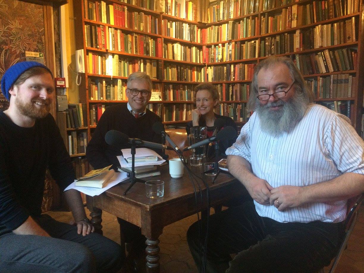 Recording the Huysmans podcast in the Sylvia Beach Memorial Library in Shakespeare & Co ( L to R: Adam Biles, Andy Miller, Sylvia Beach Whitman & John Mitchinson